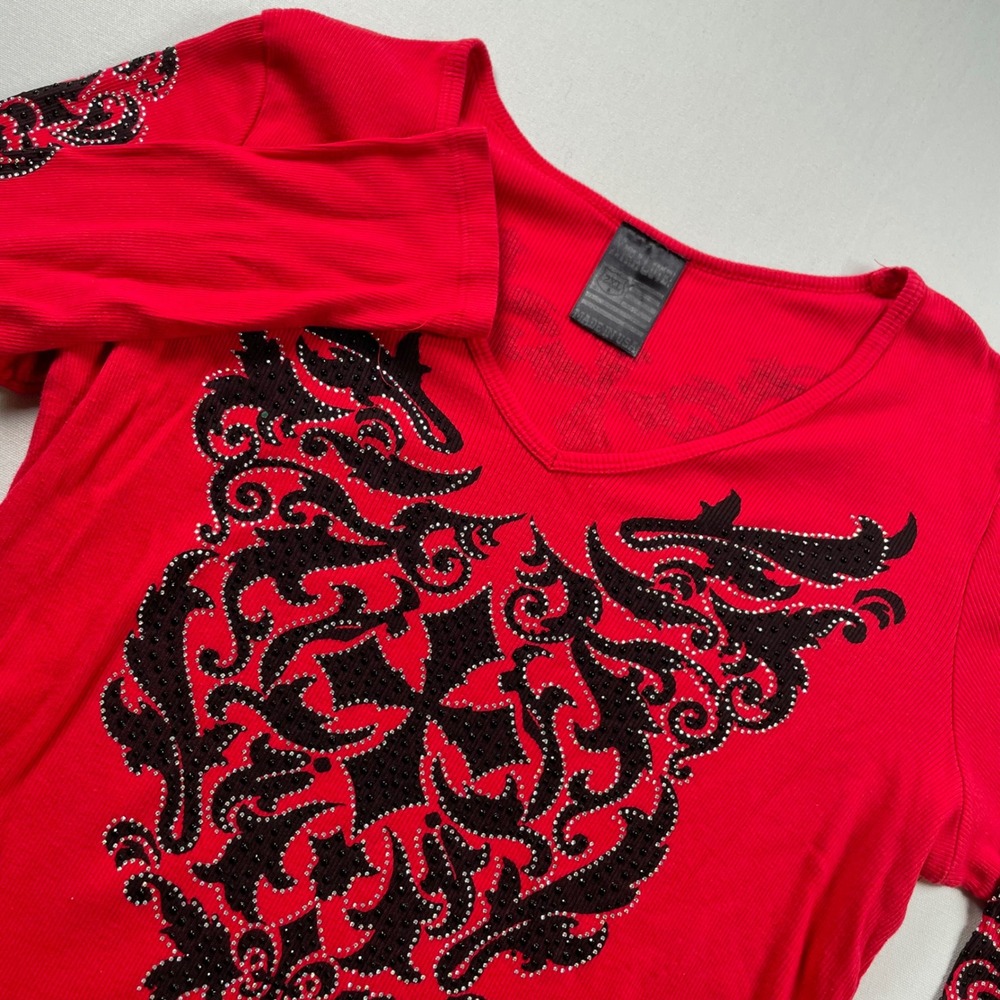 Womens Red Gothic Rhinestone‎ Cross Ribbed Long Sleeve V-Neck Top 2XL